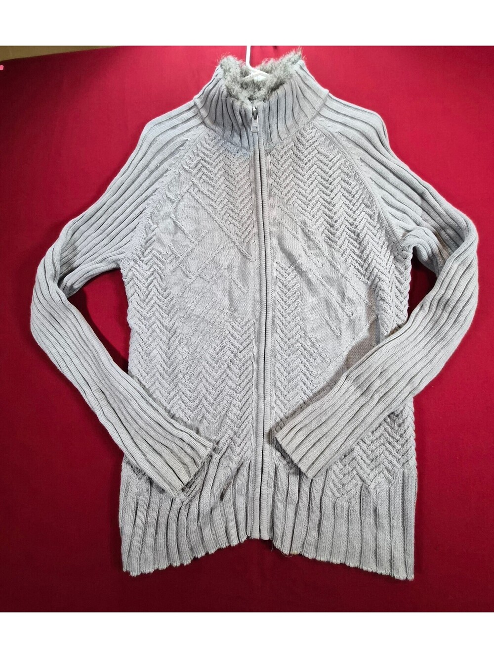 Calvin Klein Gray Knit Zip Cardigan with Faux Fur Collar Sz M